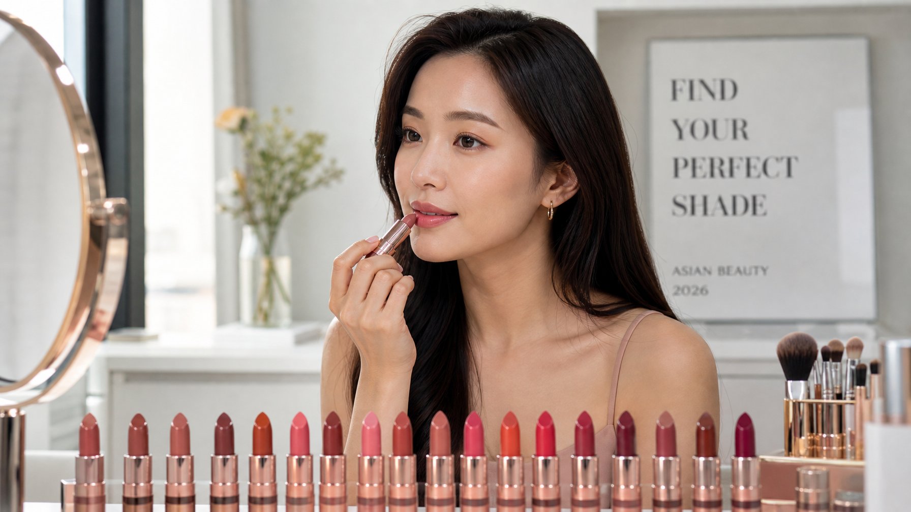 Seorang wanita Asia sedang memilih lipstik dengan berbagai warna di meja rias yang rapi.