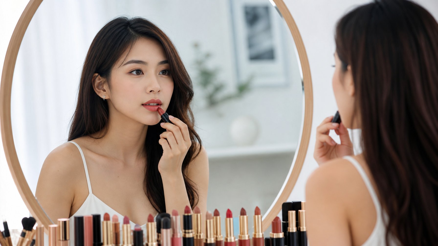 Seorang wanita Asia sedang mengaplikasikan lipstik di depan cermin dengan meja rias yang rapi dan beberapa pilihan lipstik di sekitarnya.