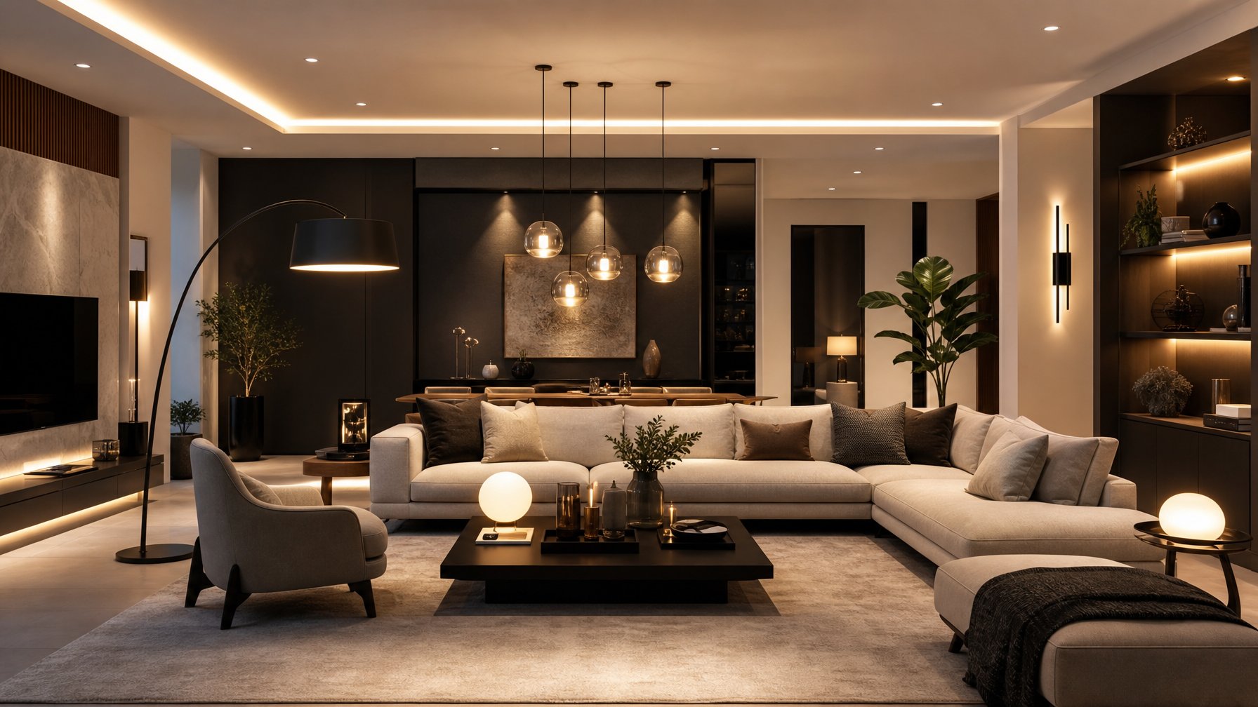 Ruang tamu modern dengan berbagai lampu interior yang membuat suasana rumah terlihat mewah dan nyaman.