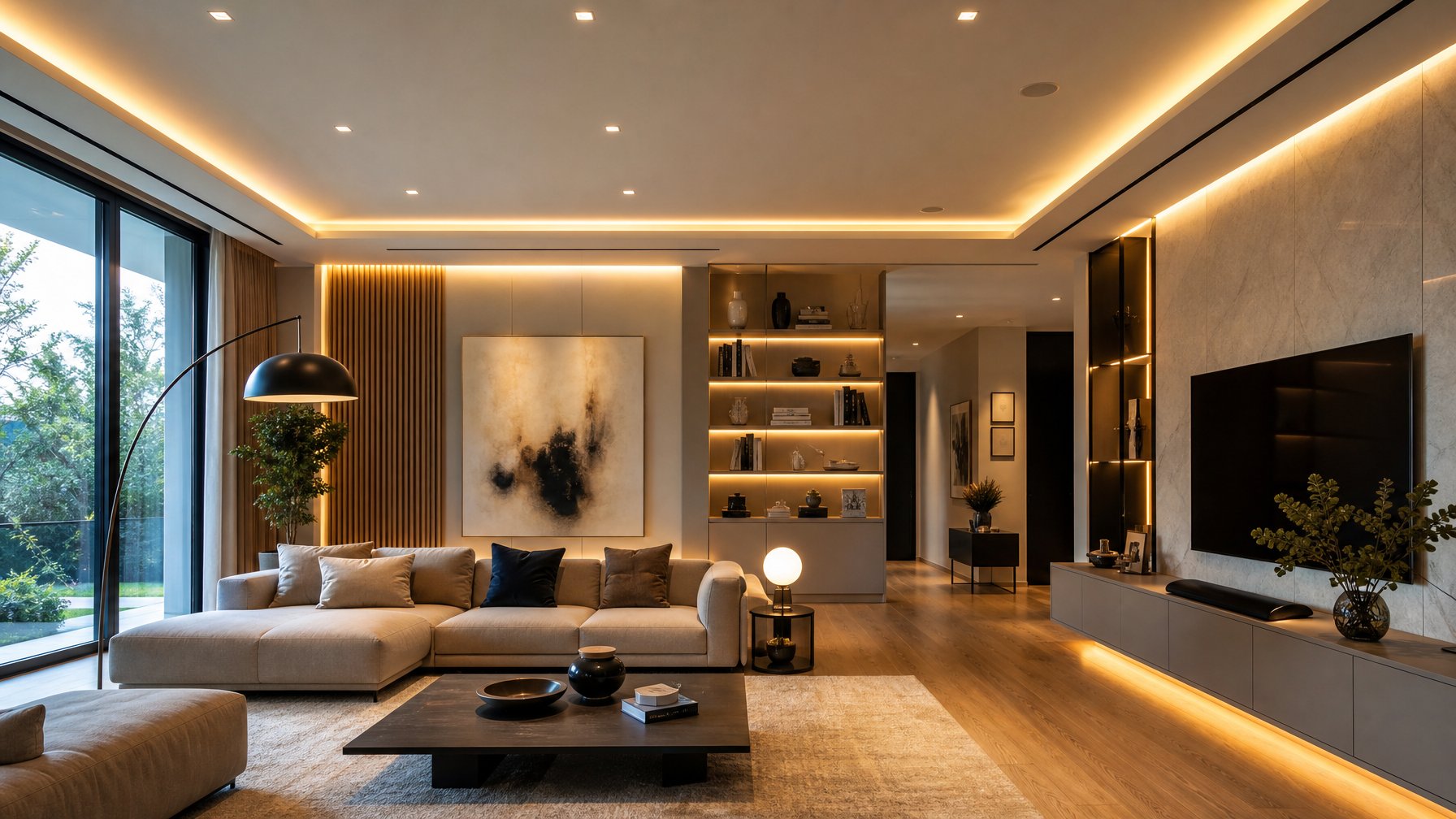 Ruang tamu modern dengan pencahayaan interior yang elegan dan berbagai sumber cahaya yang memancarkan ruangan secara hangat dan terang.