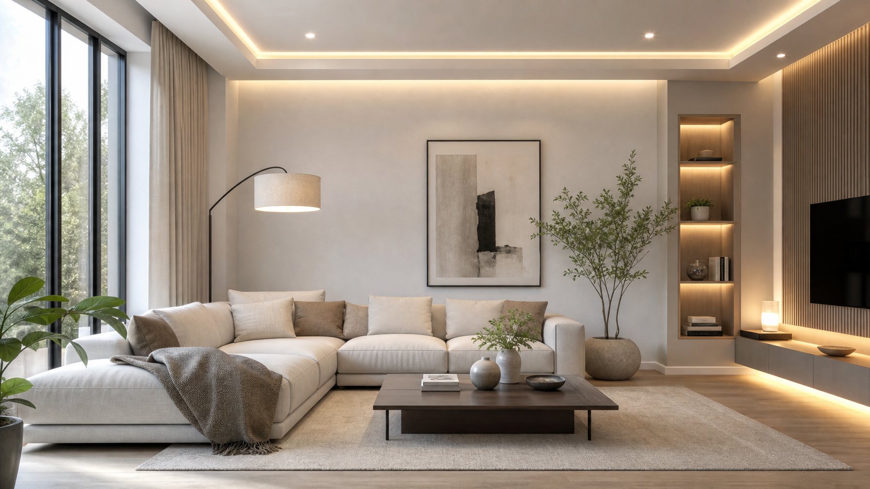 Ruang tamu minimalis dengan furnitur modern dan pencahayaan alami serta buatan yang hangat dan terang.