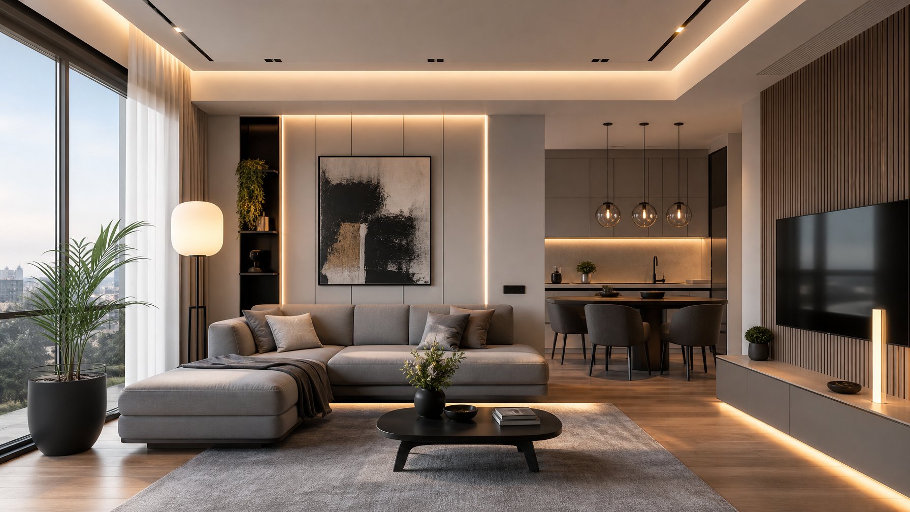 Ruang tamu modern dengan pencahayaan interior yang hangat dan lampu gantung canggih, dilengkapi sofa kecil dan tanaman hias.