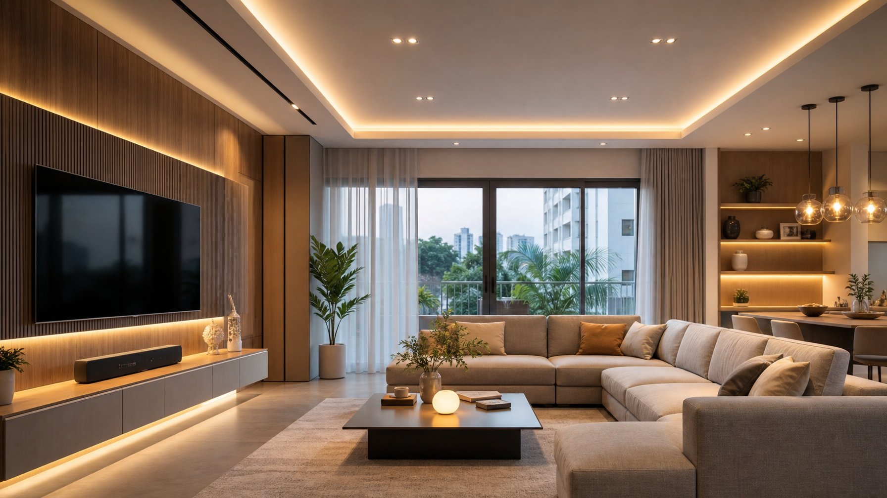Ruang tamu modern dengan pencahayaan hangat dan lampu gantung yang menampung area dengan furnitur minimalis dan jendela besar.