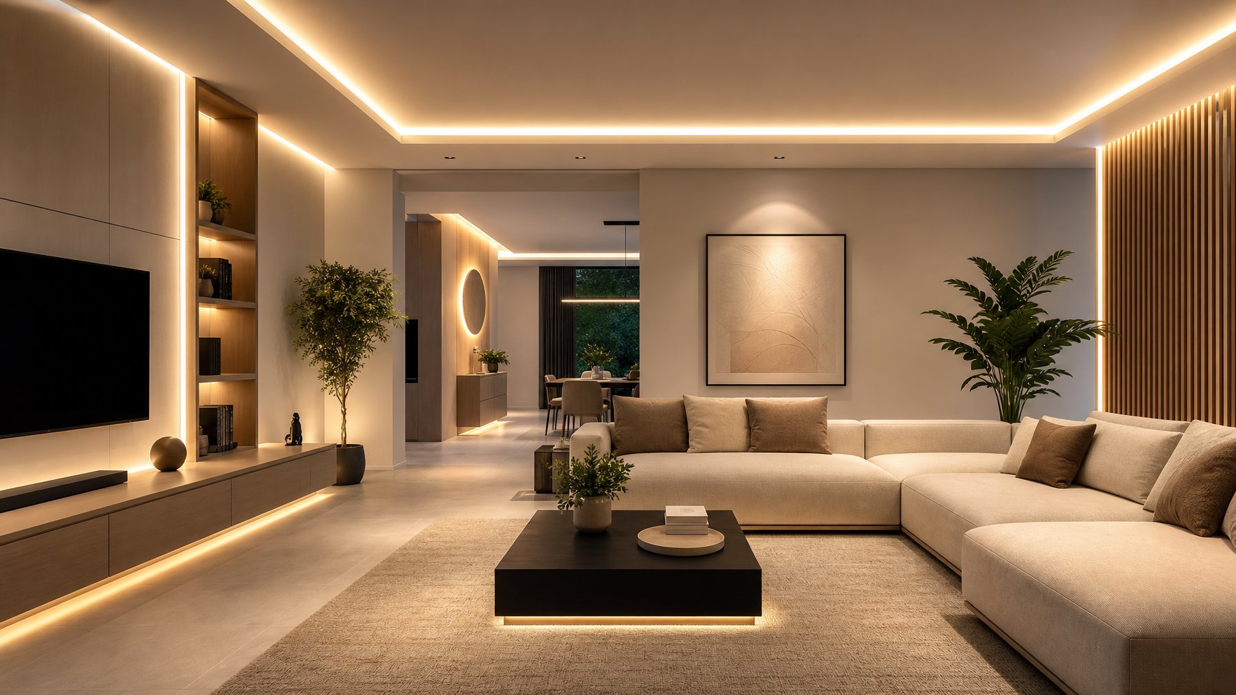Interior ruangan modern dengan pencahayaan LED hemat energi yang memberikan suasana hangat dan estetika.