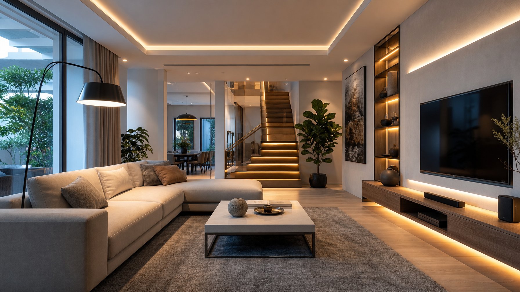 Ruang tamu modern dengan pencahayaan lampu LED yang mengeluarkan furnitur dan dekorasi secara estetik.