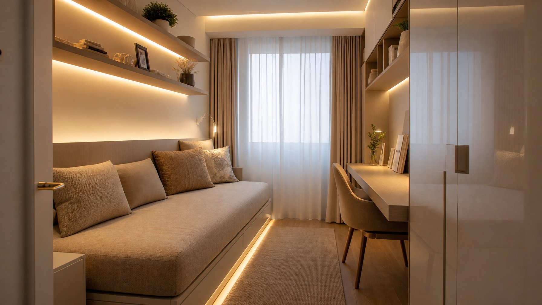 Ruangan sempit dengan pencahayaan interior yang hangat dan desain modern, menampilkan furnitur minimalis dan jendela kecil dengan tirai tipis.