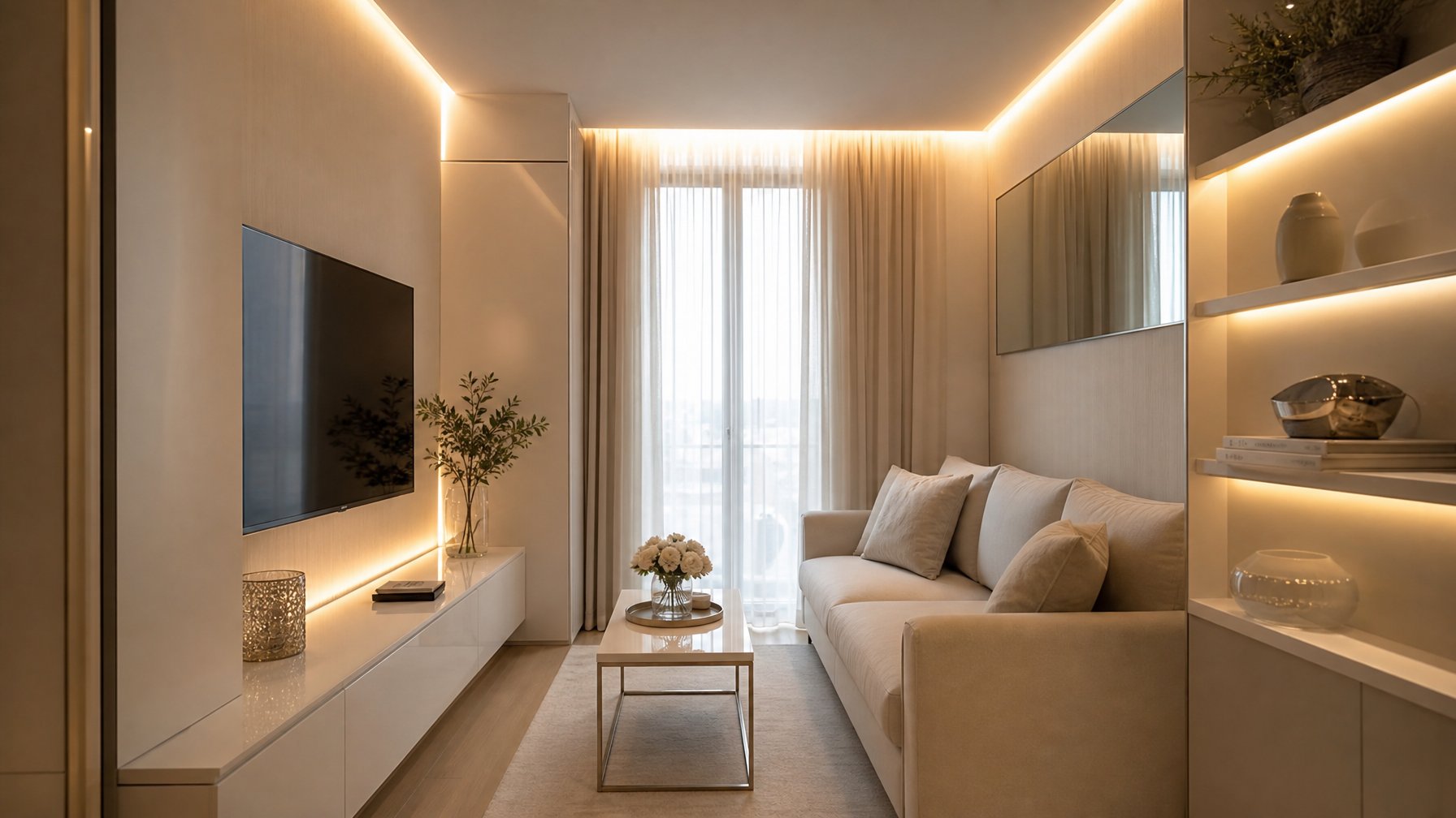 Ruangan sempit dengan pencahayaan yang terang dan hangat, menampilkan sofa kecil, meja kopi, dan jendela dengan tirai tipis yang memungkinkan cahaya alami masuk.