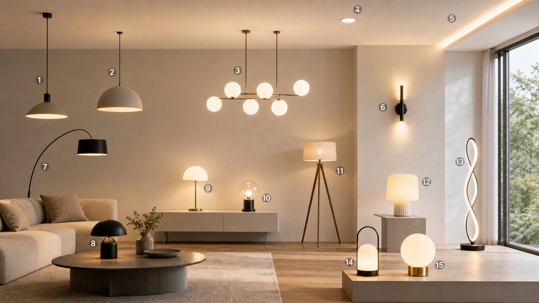 Berbagai model lampu dan pencahayaan interior yang dipajang di dalam ruangan rumah minimalis.