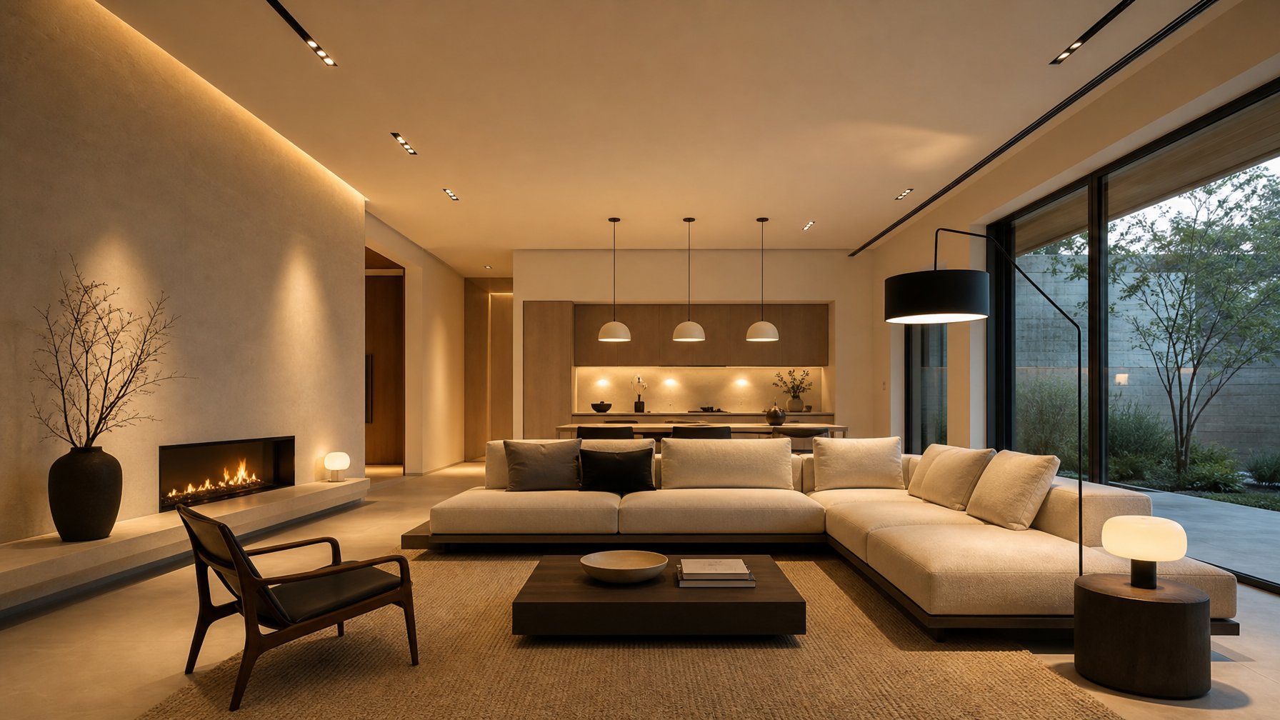 Ruang tamu rumah minimalis dengan berbagai model lampu yang menjangkau ruangan secara hangat dan nyaman.