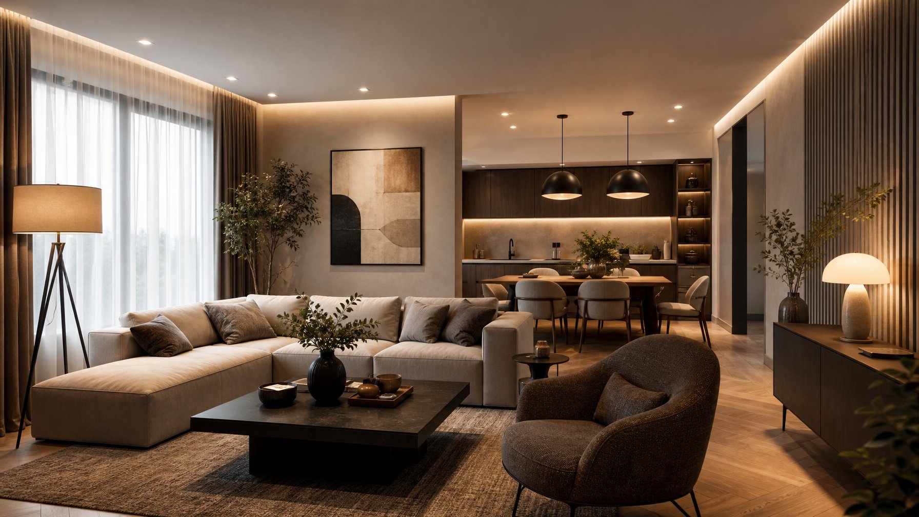 Ruang interior modern dengan berbagai sumber cahaya yang menciptakan suasana hangat dan nyaman.