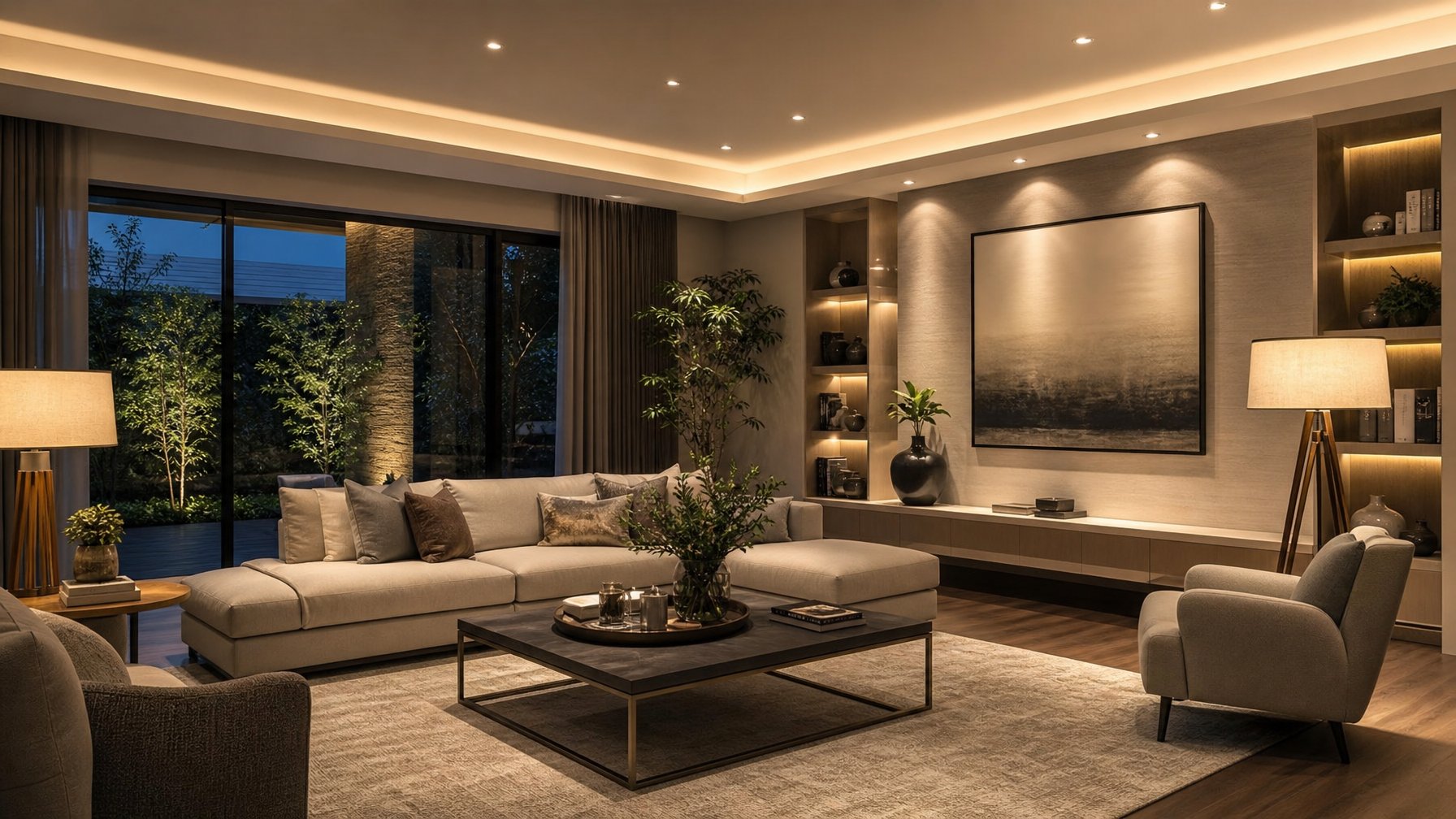 Ruangan interior modern dengan pencahayaan berlapis yang menyoroti lampu langit-langit, lampu lantai, dan lampu aksen, menciptakan suasana hangat dan nyaman.