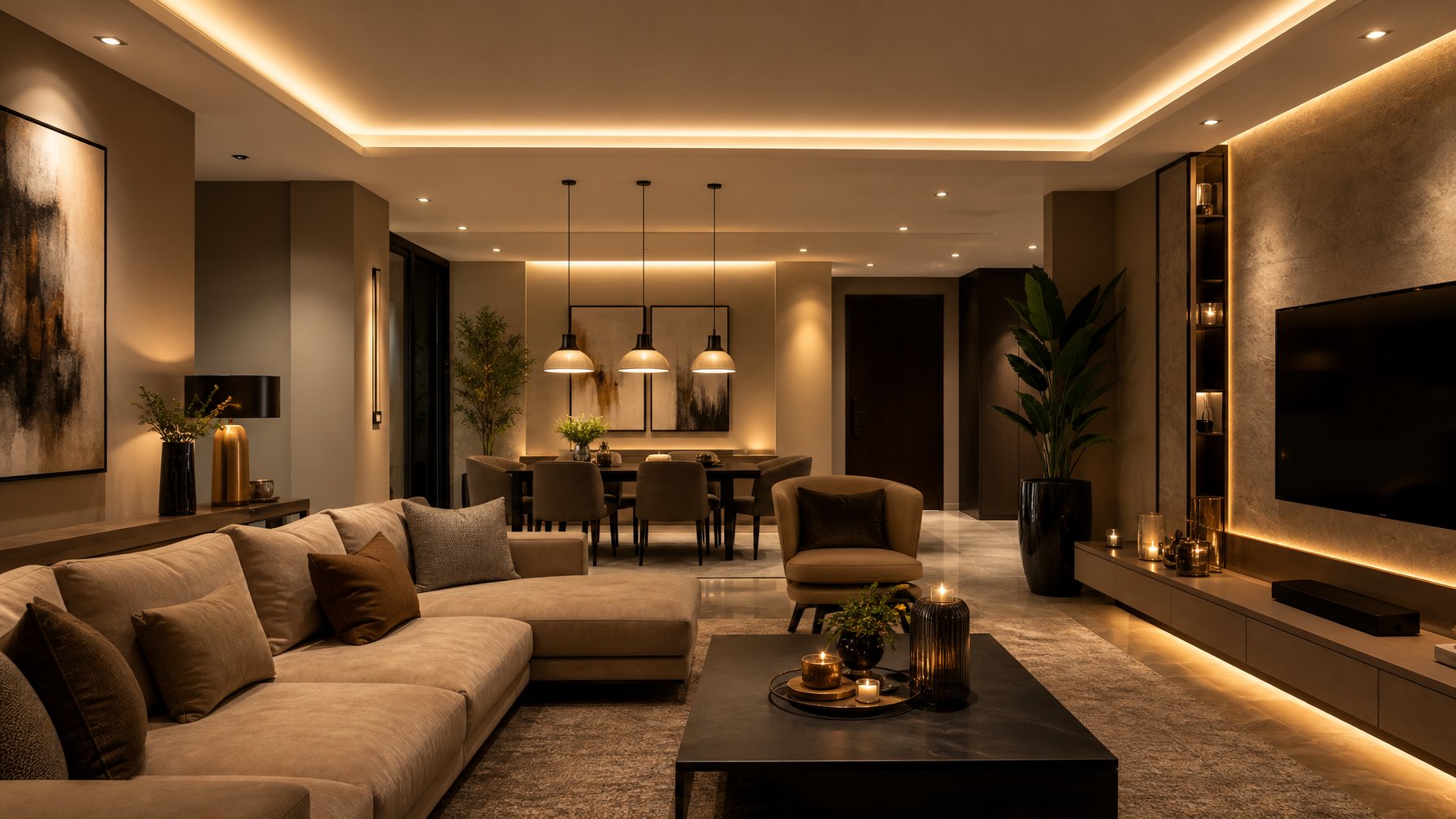 Ruang tamu modern dengan pencahayaan hangat dan lampu gantung elegan yang membawa furnitur dan dekorasi ruangan.