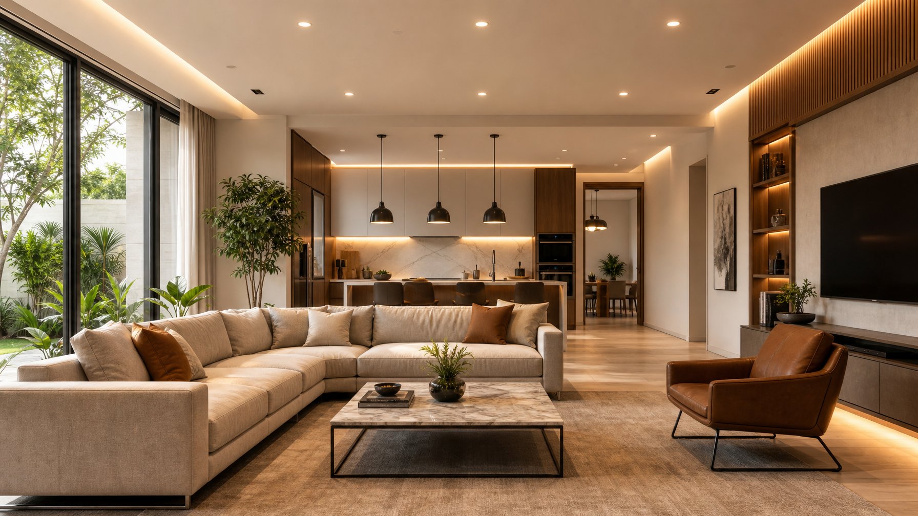 Ruang tamu modern dengan pencahayaan interior yang baik dan furnitur kontemporer.