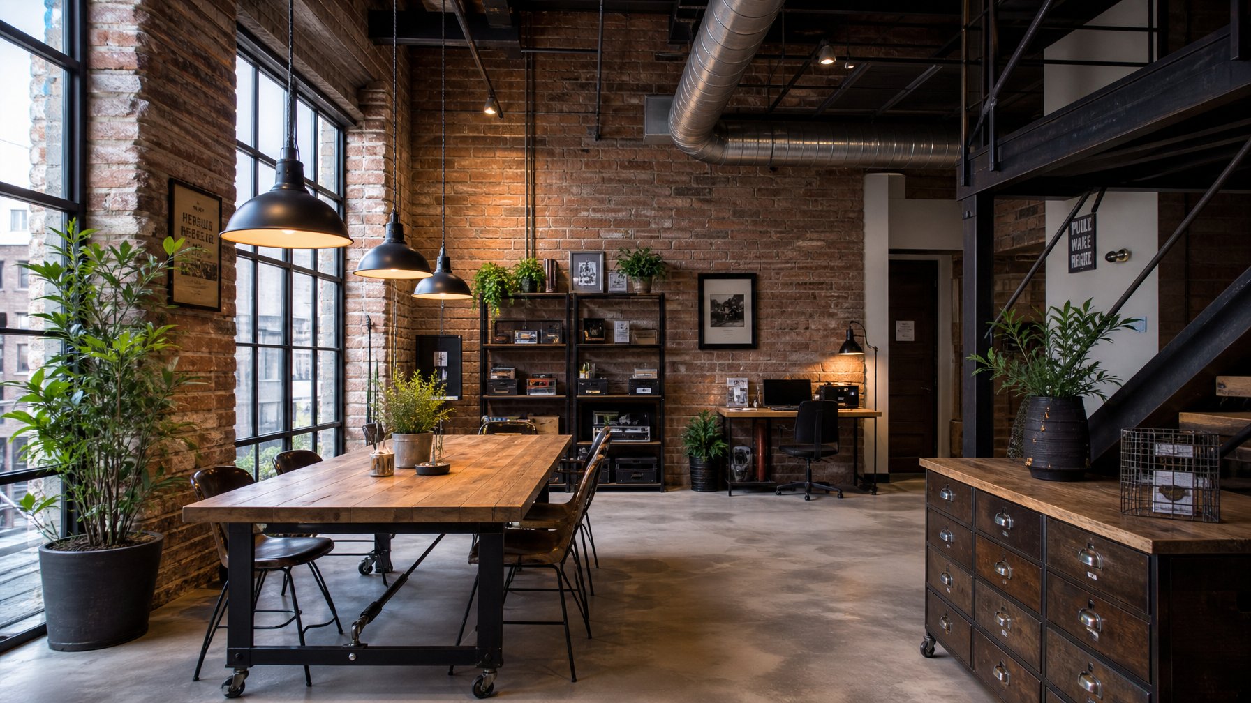 Ruang interior modern dengan dinding bata terbuka, perabotan kayu dan logam, jendela besar, dan tanaman hias.