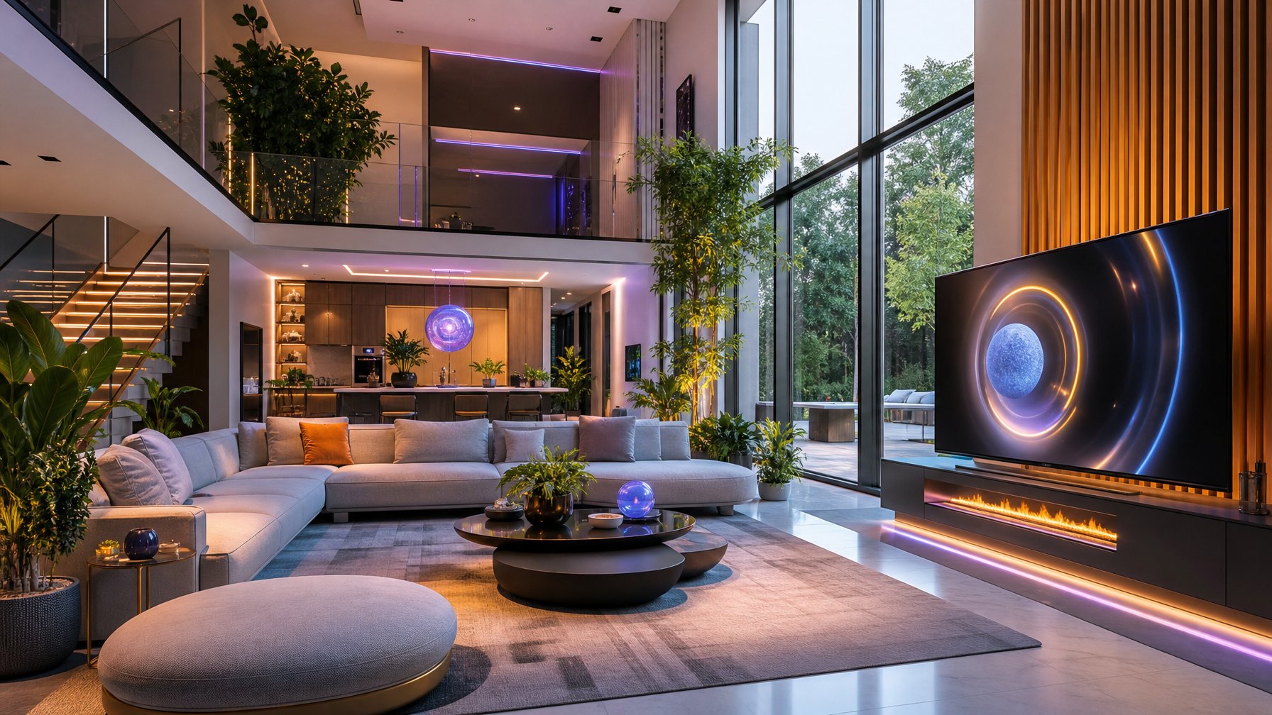 Ruang tamu modern dengan jendela besar, furnitur minimalis, tanaman dalam ruangan, dan pencahayaan hangat.