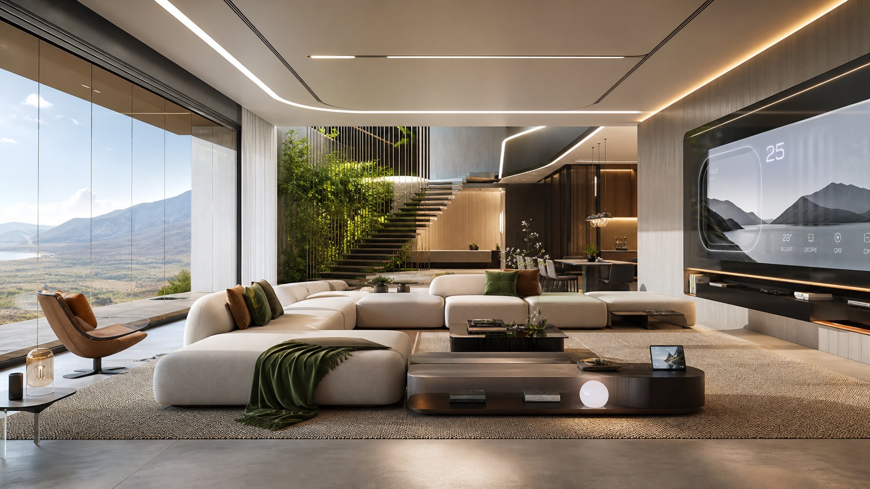 Ruang tamu modern dengan furnitur minimalis, jendela besar, dan teknologi canggih yang terintegrasi di dalamnya.