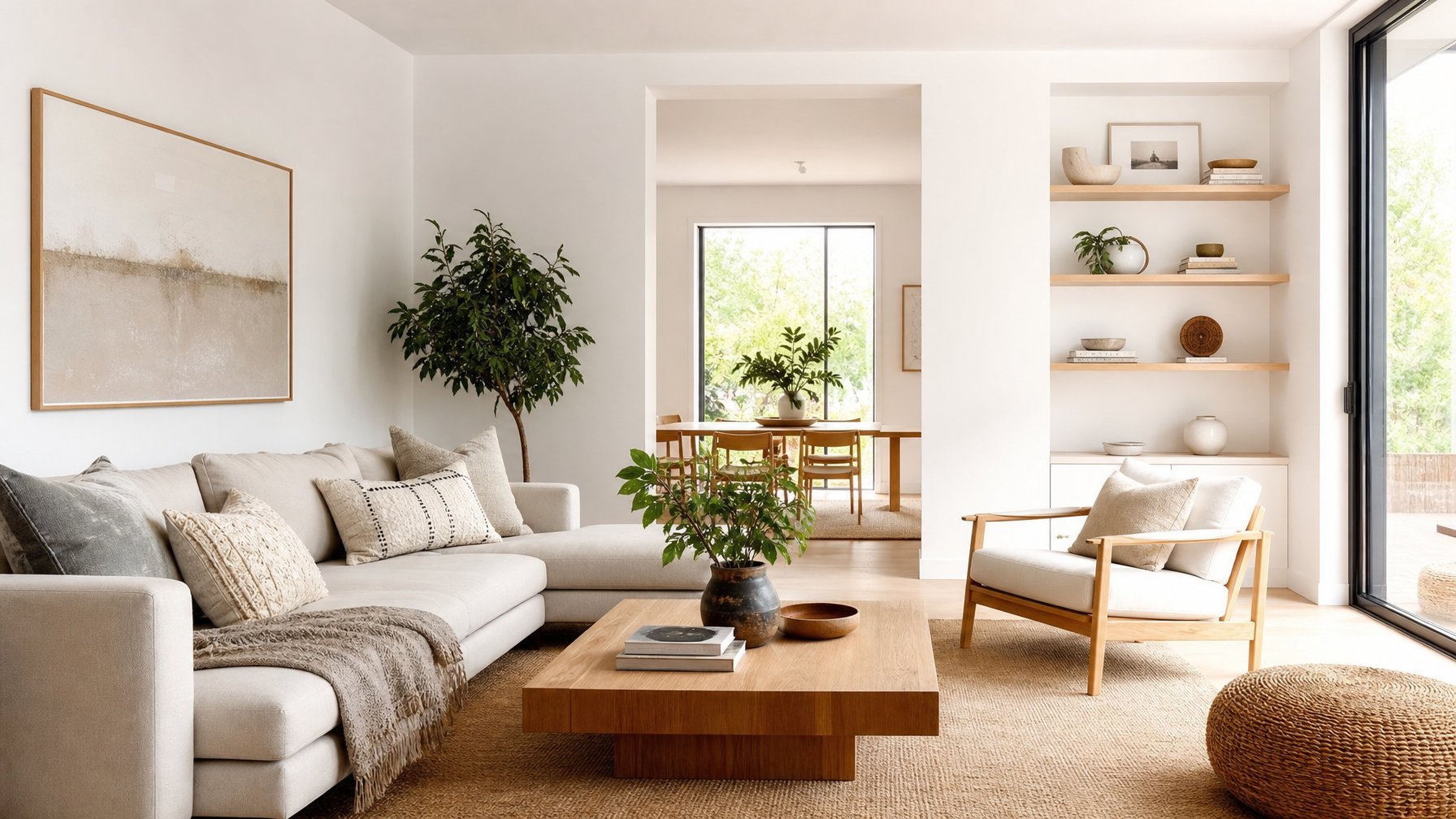 Ruang tamu modern yang nyaman dengan sofa, meja kayu, tanaman hias, dan cahaya alami yang masuk melalui jendela besar.