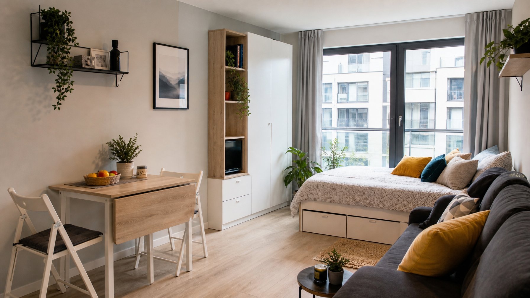 Interior apartemen kecil dengan ruang tamu yang rapi dan terang, dilengkapi sofa, meja makan lipat, rak dinding, dan tanaman hias.