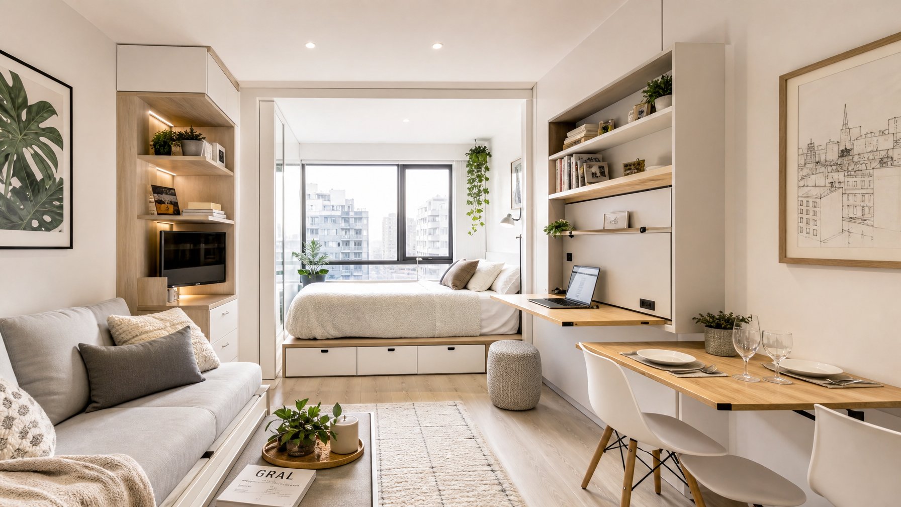 Interior apartemen kecil yang rapi dengan furnitur multifungsi dan pencahayaan alami, menampilkan ruang yang efisien dan tertata dengan baik.