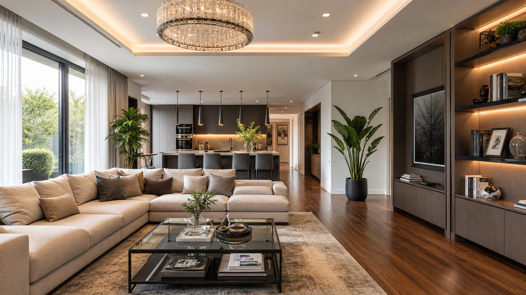 Ruang tamu luas dengan sofa nyaman, meja kopi kaca, rak built-in dengan dekorasi, jendela besar dengan tirai tipis, lampu gantung, lantai kayu, dan dapur terbuka modern di latar belakang.