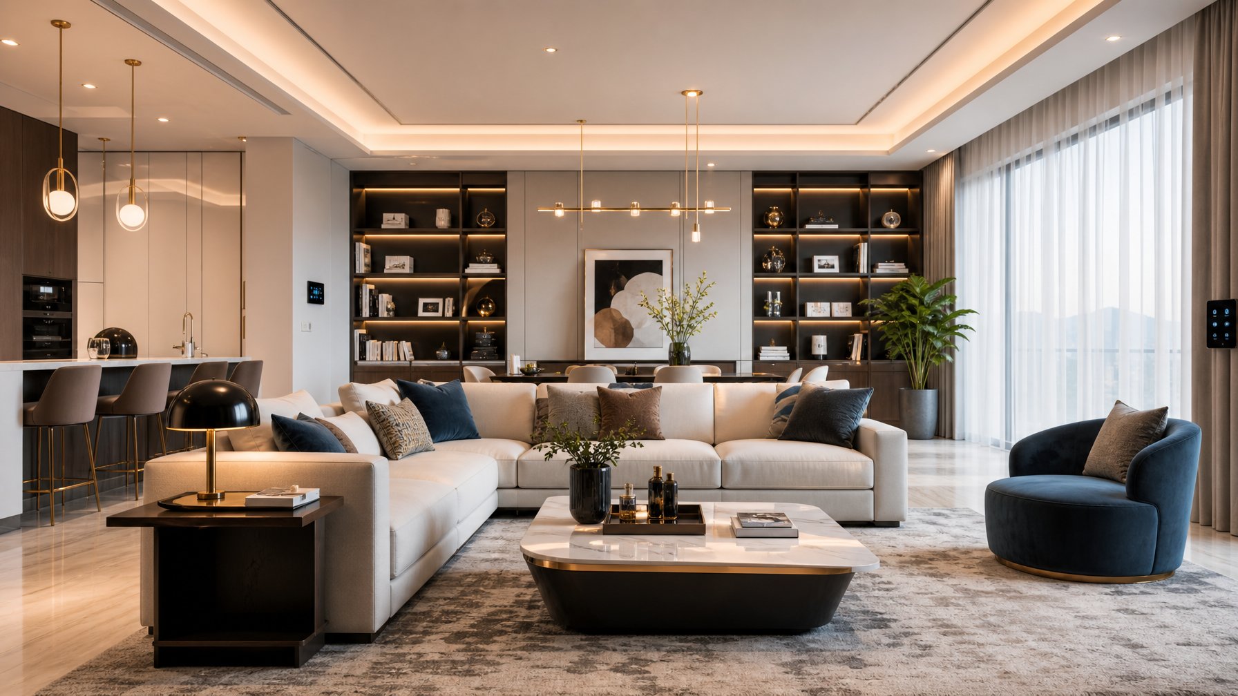Ruang tamu luas dengan sofa nyaman, meja kopi, rak built-in, dan jendela besar yang menerangi ruangan.