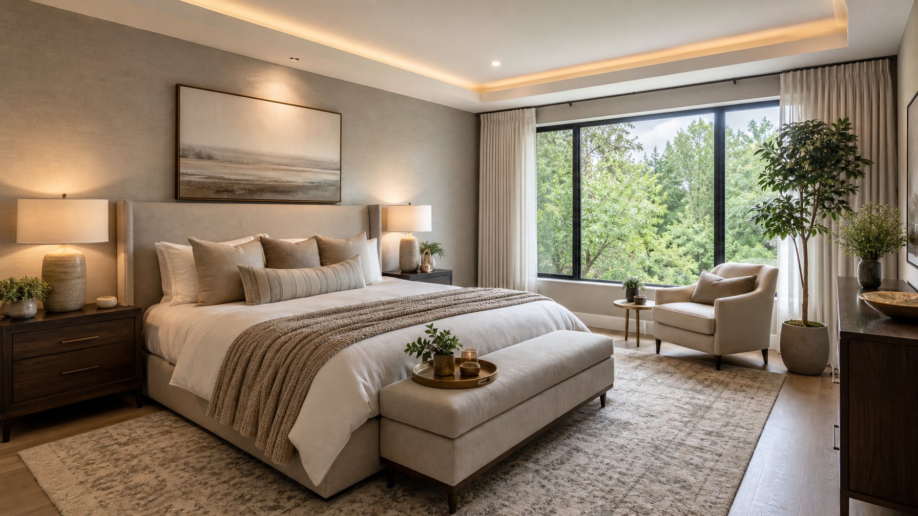 Kamar tidur dengan tempat tidur besar, lampu samping tempat tidur, jendela besar, tanaman dalam ruangan, dan dekorasi dinding yang sederhana.