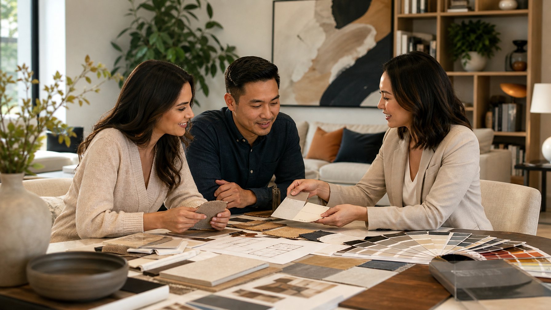 Sebuah ruangan dengan beberapa orang sedang berdiskusi memilih konsep desain interior, dikelilingi oleh bahan desain dan furnitur modern.