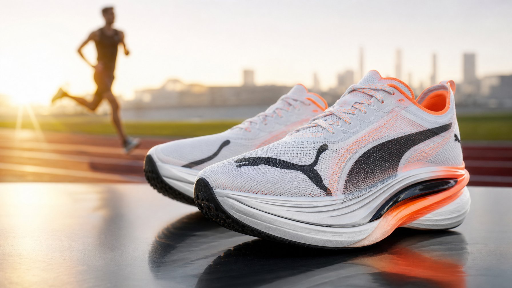 Sepasang sepatu lari Puma terbaru dengan desain modern dan latar belakang pelari profesional berlari di lintasan.