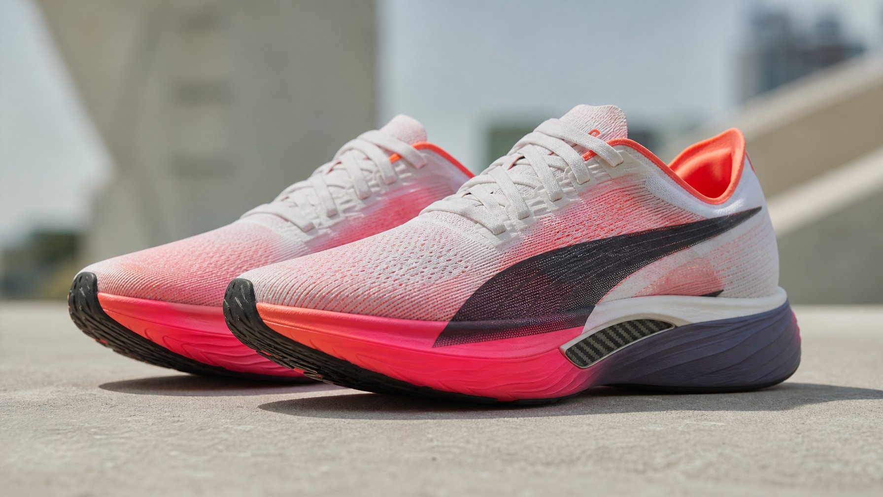 Sepasang sepatu lari Puma FAST-R NITRO Elite 3 terbaru tahun 2026 diletakkan di permukaan bersih dengan latar belakang buram.