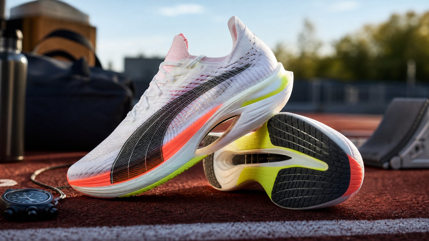 Sepasang sepatu lari Puma FAST-R NITRO Elite 3 terbaru 2026 dengan latar belakang bersih dan peralatan olahraga di sekitarnya.