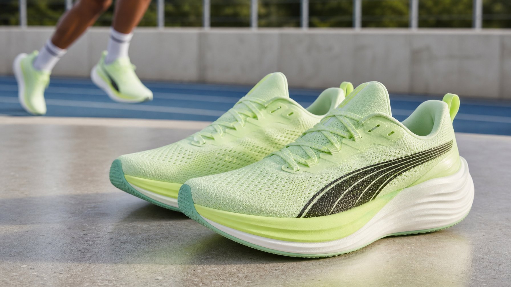 Sepasang sepatu lari Puma Velocity NITRO 4 terbaru diletakkan di permukaan bersih dengan latar belakang kabur yang menunjukkan suasana berlari sehari-hari.