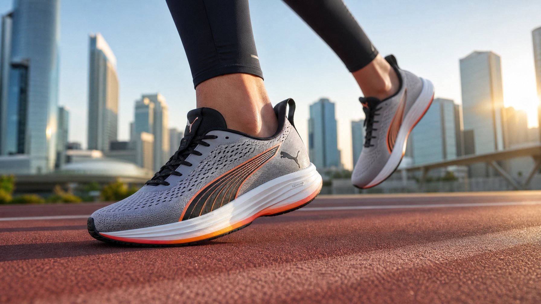 Sepasang sepatu lari Puma Velocity NITRO 4 terbaru sedang digunakan berlari di lintasan kota pada pagi hari.