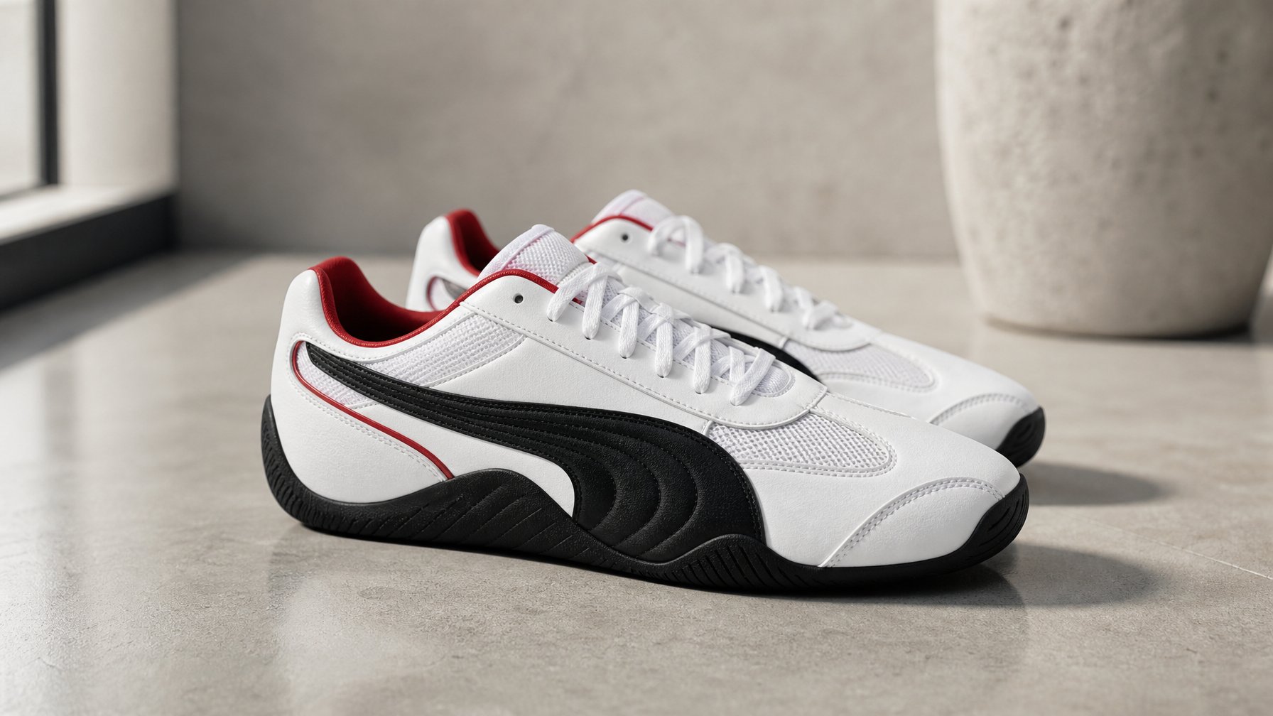 Sepasang sepatu Puma Speedcat 2026 terbaru dengan desain ikonik diletakkan di atas permukaan modern dengan latar belakang minimalis.