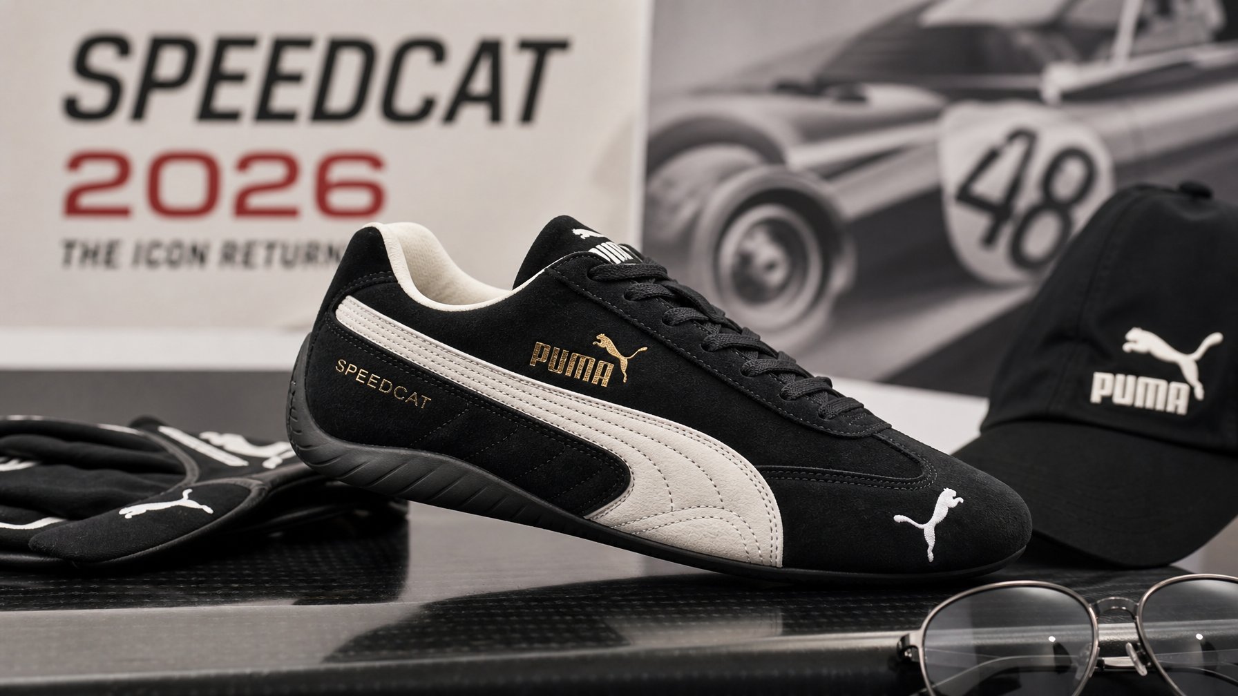 Sepasang sepatu Puma Speedcat 2026 ditampilkan di atas permukaan modern dengan latar belakang minimalis dan pencahayaan yang menonjolkan detail sepatu.
