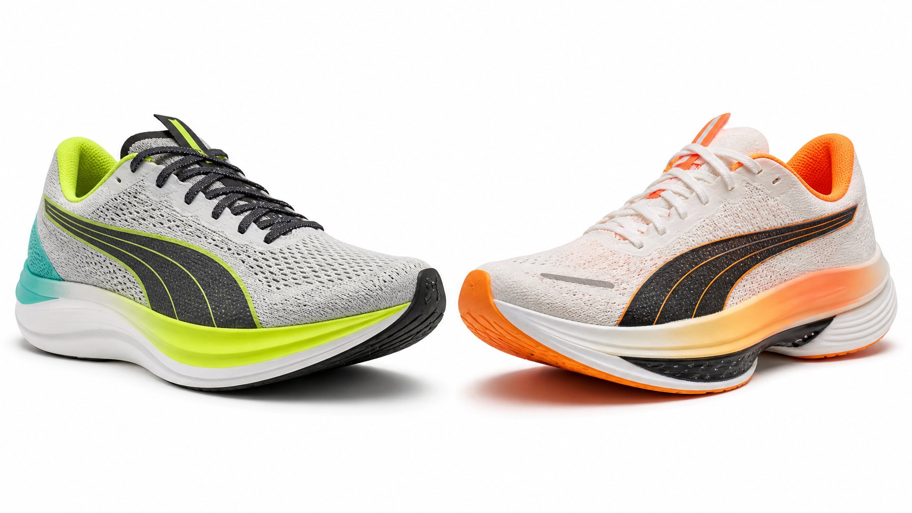 Dua sepatu lari Puma Deviate NITRO 4 dan Deviate NITRO Elite 4 dipajang berdampingan di latar belakang putih.