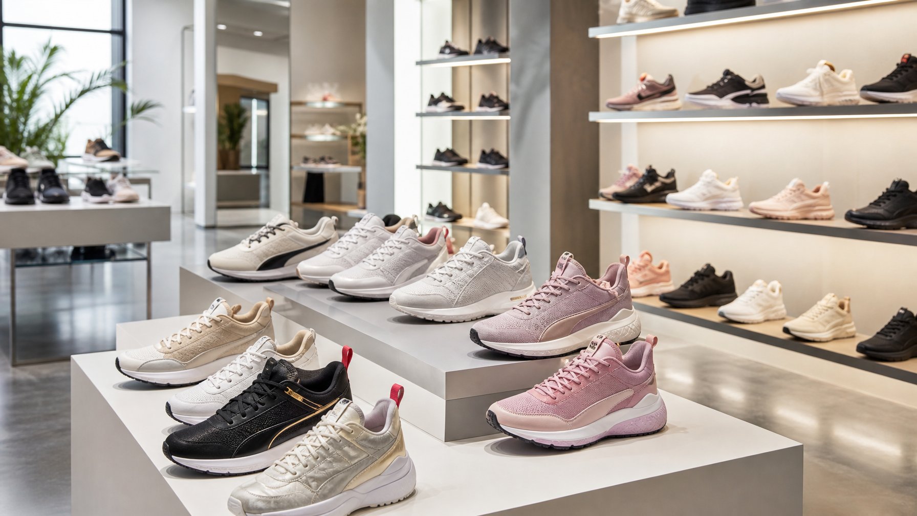 Tampilan rak sepatu Puma terbaru untuk pria dan wanita di dalam toko dengan pencahayaan terang dan sepatu tersusun rapi.