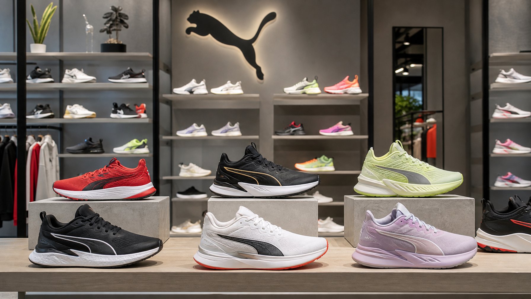 Deretan sepatu Puma terbaru untuk pria dan wanita tahun 2026 yang dipajang di rak toko dengan pencahayaan terang.