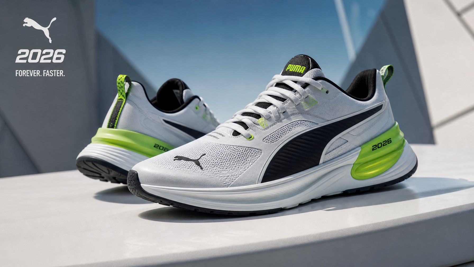 Sepasang sepatu Puma terbaru tahun 2026 untuk olahraga dan gaya hidup, diletakkan di latar belakang bersih dan minimalis.