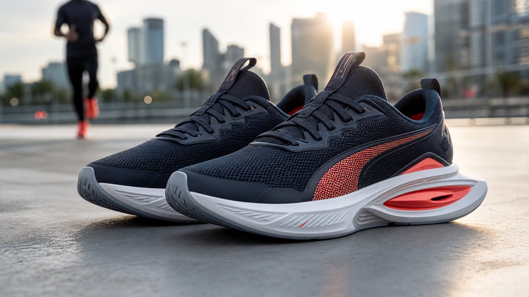 Sepasang sepatu Puma terbaru 2026 untuk olahraga dan gaya hidup, diletakkan di permukaan bersih dengan latar belakang kota yang samar.