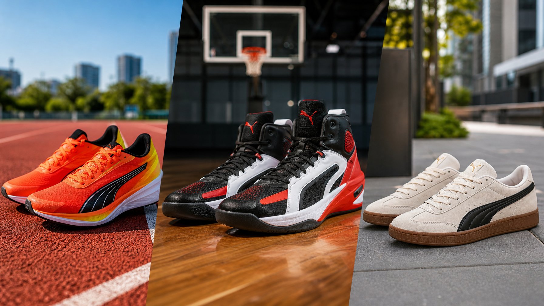Tiga pasang sepatu Puma terbaik tahun 2026: sepatu lari di lintasan olahraga, sepatu basket di lapangan indoor, dan sepatu kasual di trotoar kota.