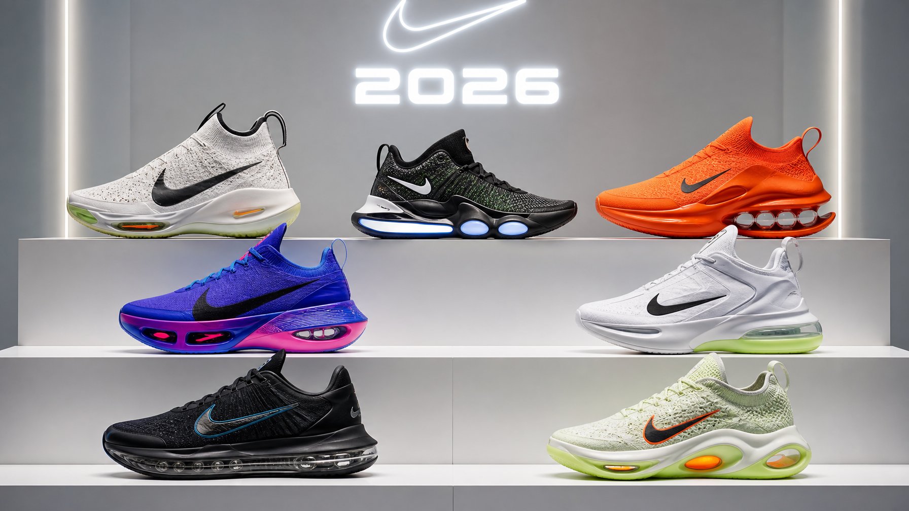 Tujuh model sepatu Nike terbaru tahun 2026 ditampilkan rapi di atas meja dengan latar belakang bersih dan pencahayaan terang.