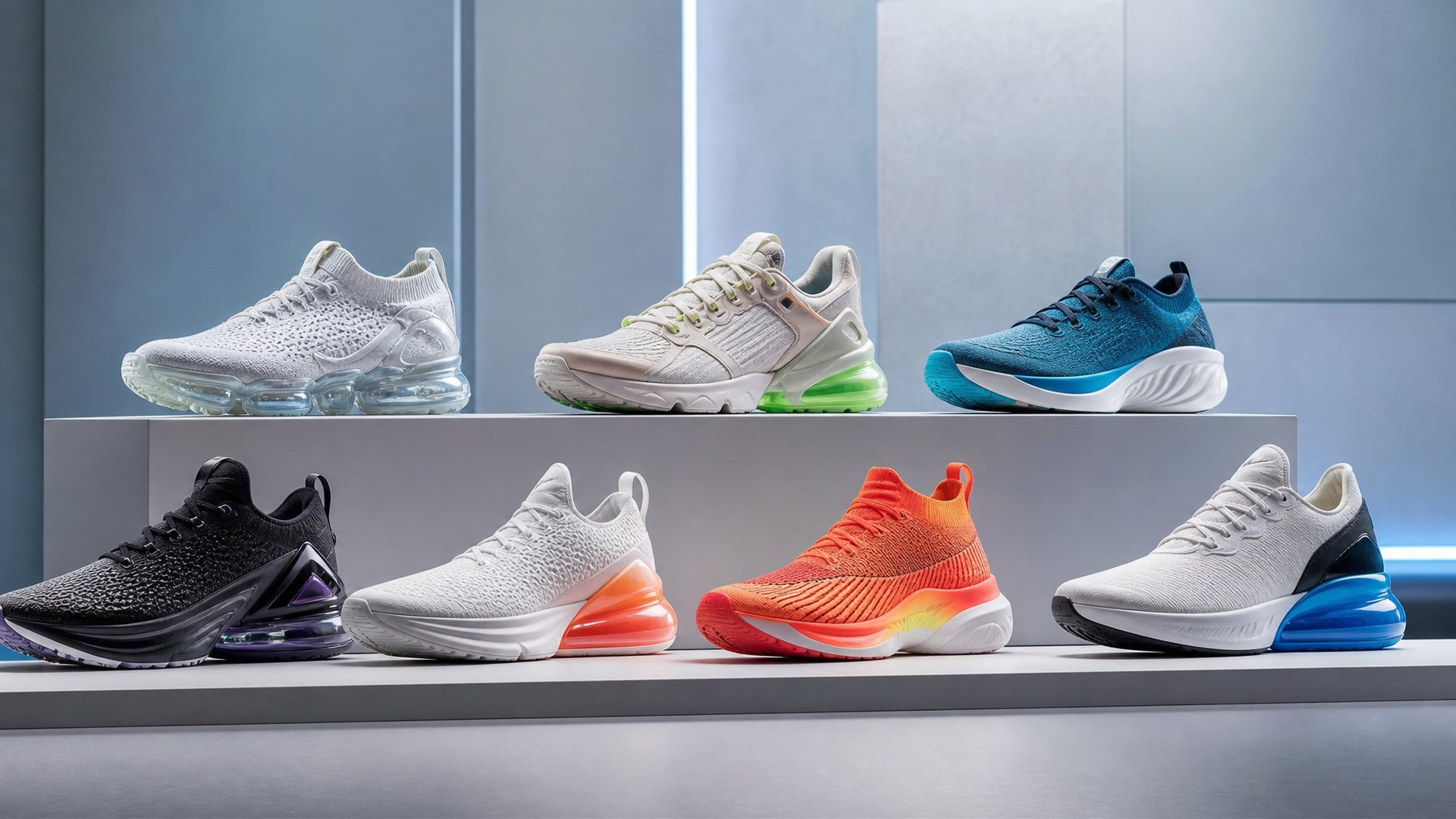 Tujuh model sepatu Nike terbaru tahun 2026 ditampilkan rapi di atas rak modern dengan pencahayaan lembut.