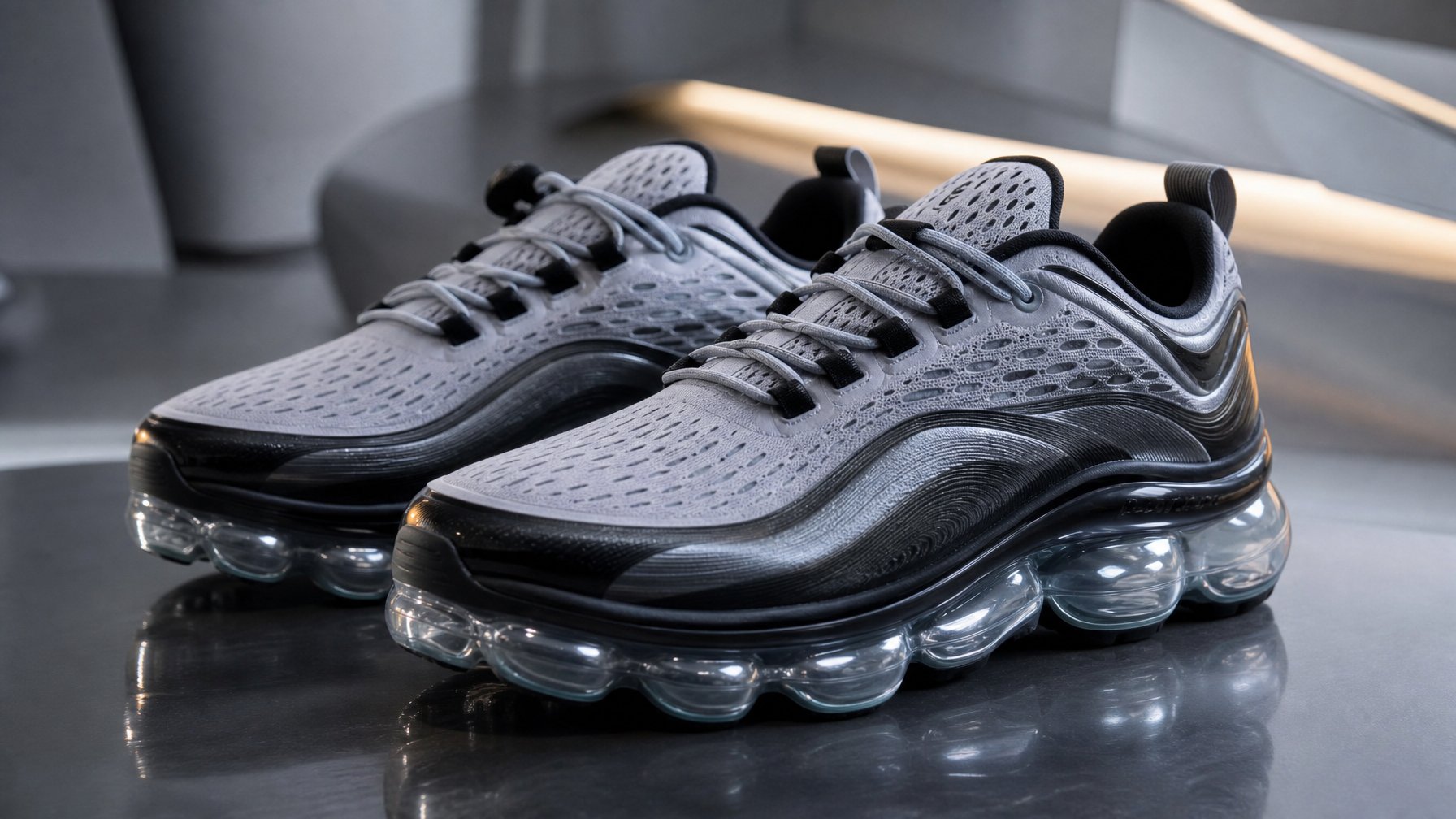 Sepasang sepatu Nike Air Liquid Max 2026 terbaru dengan desain futuristik dan teknologi Air Max terlihat jelas di atas permukaan modern yang bersih.