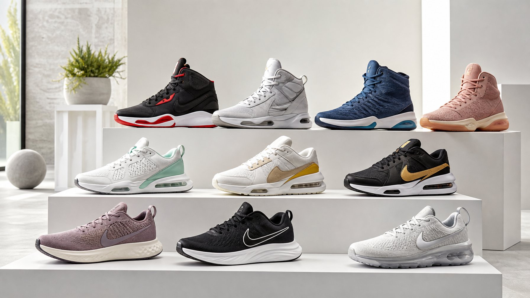 Berbagai sepatu Nike untuk lari, gaya hidup, dan keranjang ditampilkan rapi di atas meja dengan latar belakang terang.
