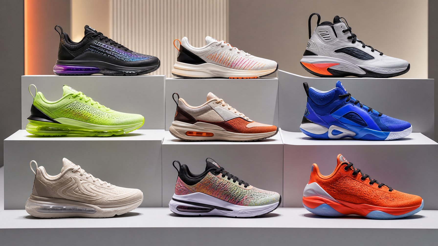Berbagai sepatu Nike terbaru tahun 2026 untuk lari, gaya hidup, dan basket yang ditampilkan di atas rak modern.