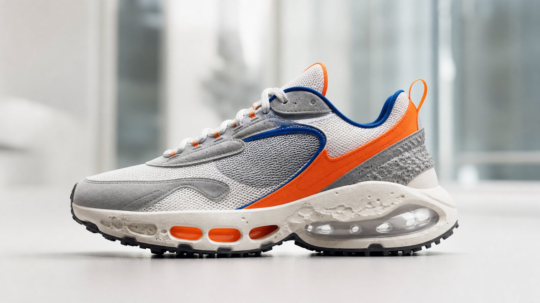 Sepatu Nike Moon Shoe 2026 dengan desain retro modern berwarna putih, abu-abu, dan aksen neon oranye, Ditempatkan di permukaan putih bersih.