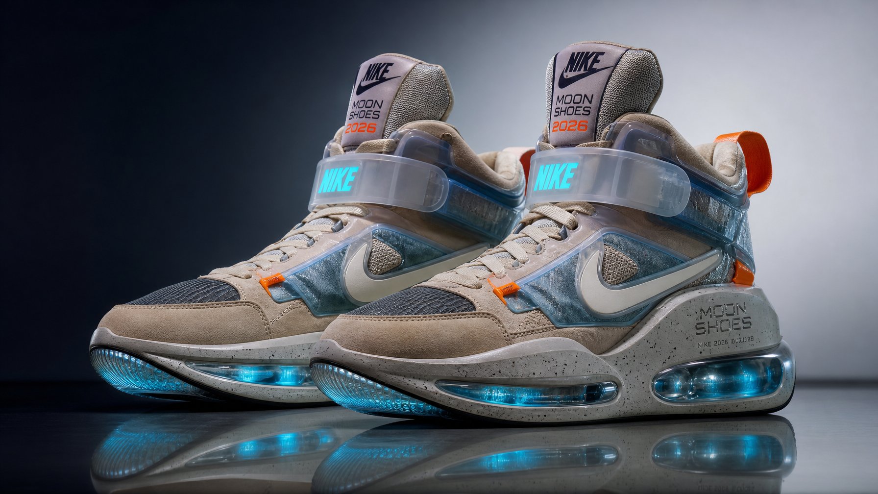 Sepasang sepatu Nike Moon 2026 ditempatkan di atas permukaan reflektif dengan latar belakang minimalis.