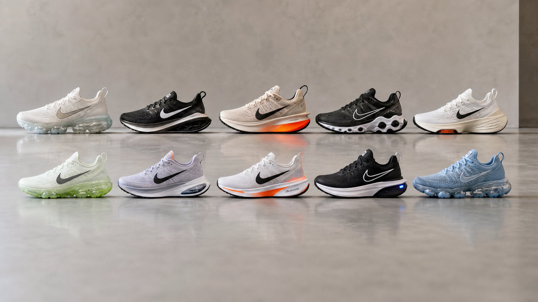 Sepuluh pasang sepatu Nike terbaru tahun 2026 dengan desain modern dan teknologi canggih, ditampilkan rapi di atas permukaan bersih.