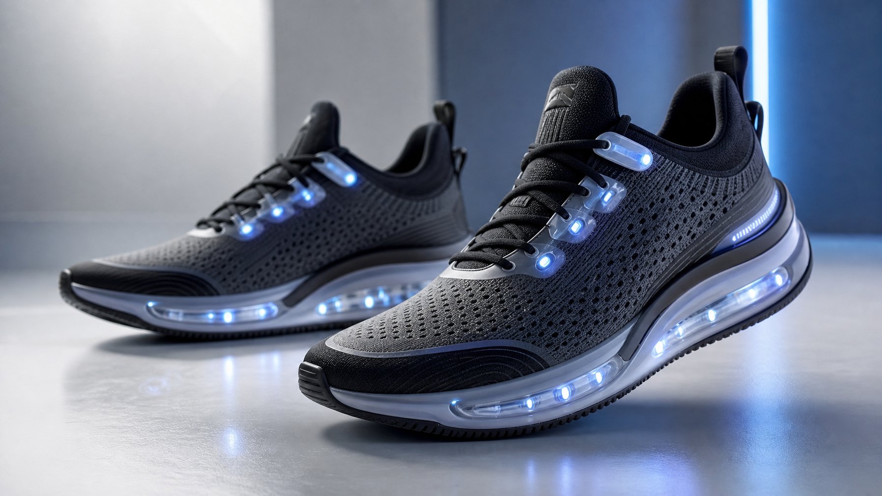Sepasang sepatu Nike terbaru tahun 2026 dengan desain futuristik dan teknologi canggih, diletakkan di atas permukaan modern tanpa teks.