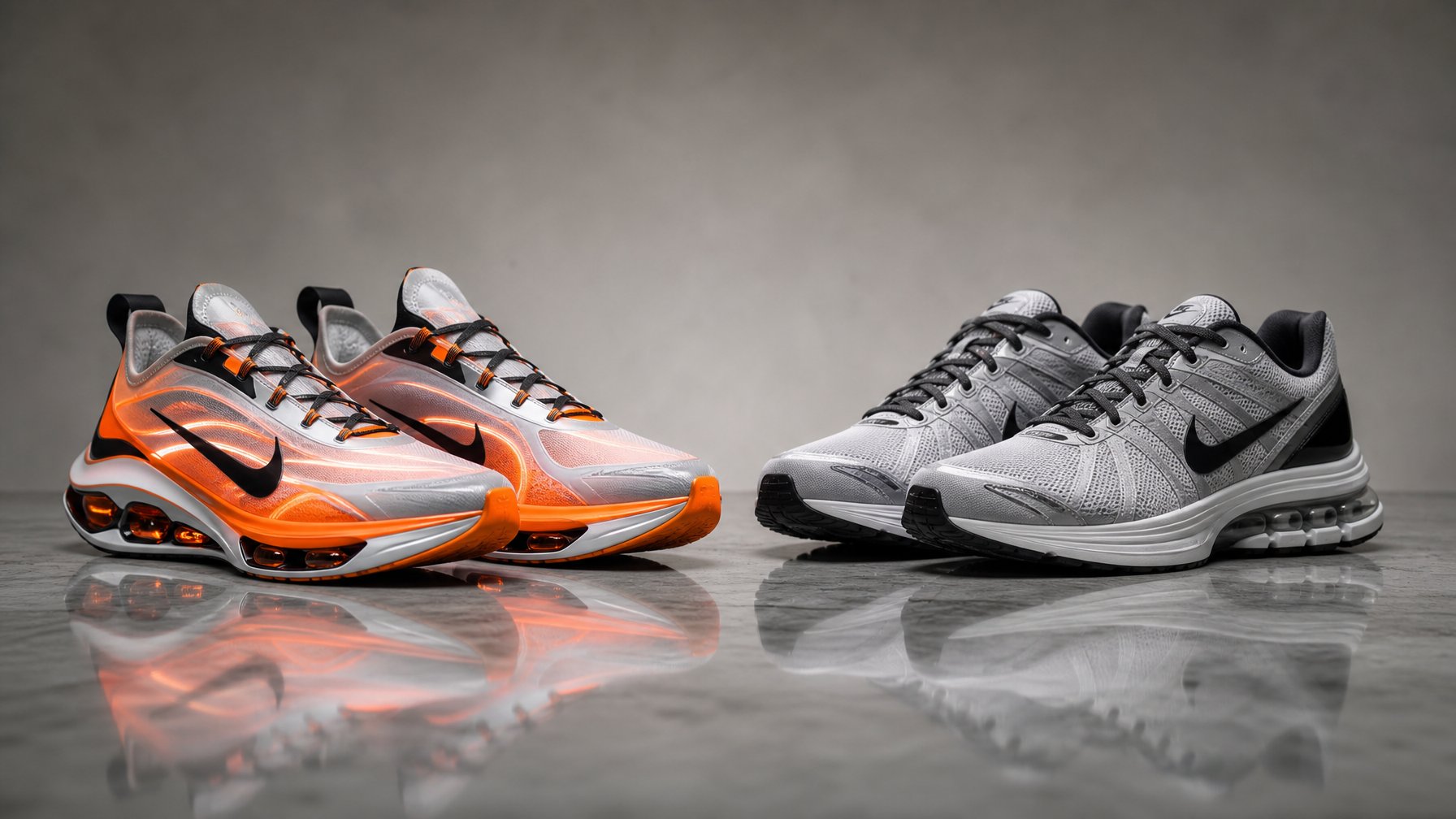 Dua pasang sepatu Nike berdampingan, satu model terbaru dan satu model sebelumnya, ditampilkan dengan jelas untuk perbandingan.